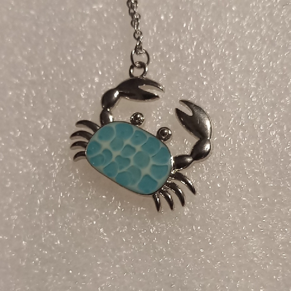 Silver and Blue Crab Pendant Necklace